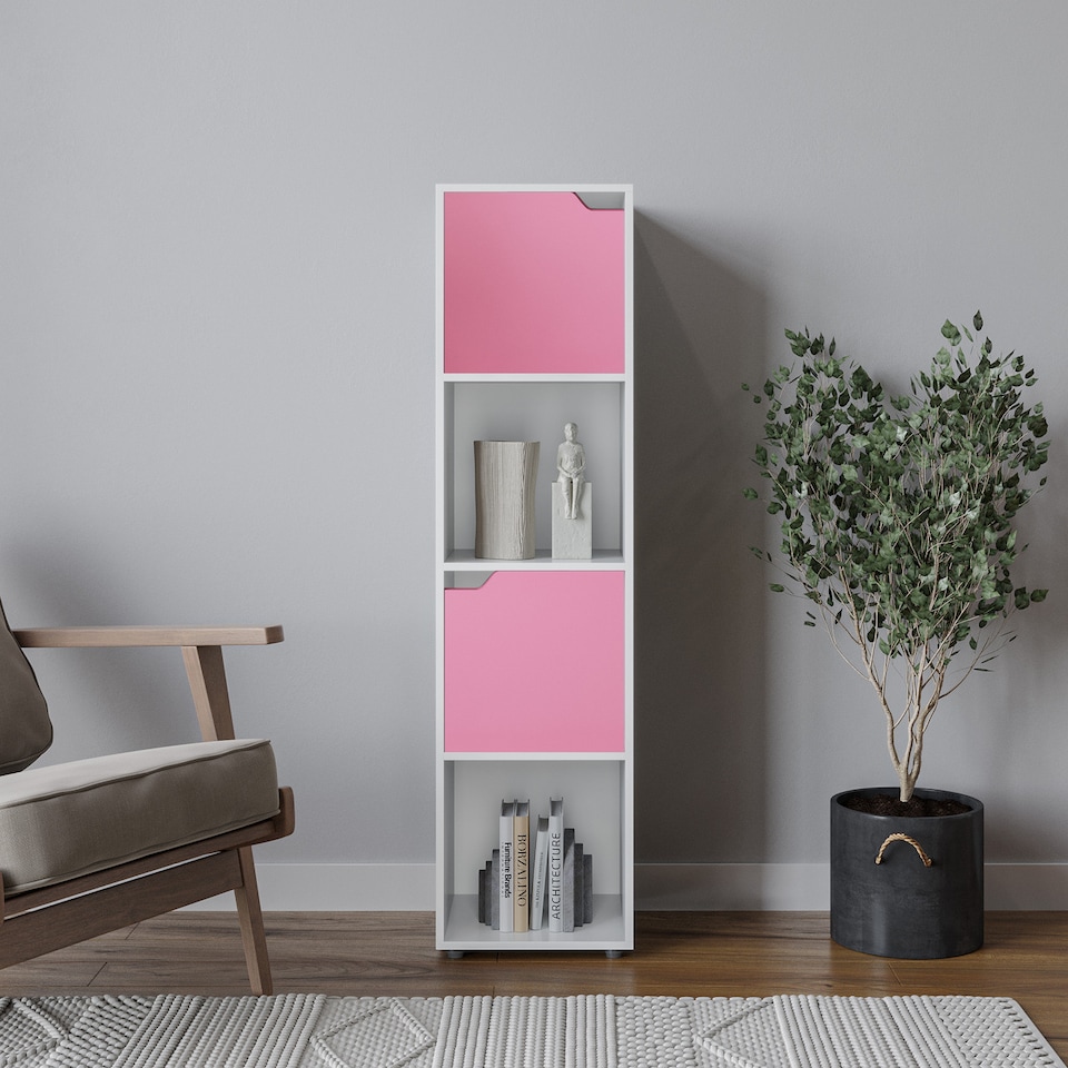 image 1 of 4 -Cube Tall Shelving Unit With Wooden Doors | White | White & Pink | 1