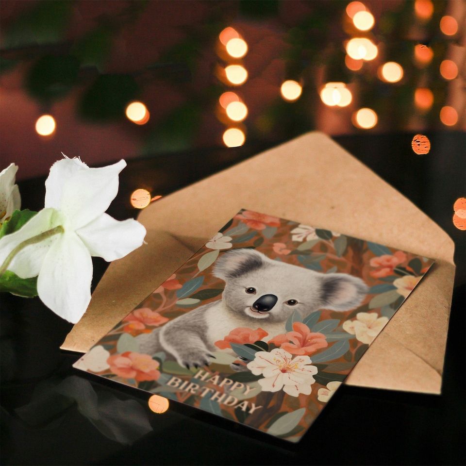 image 1 of Cute Happy Koala in Flowers For Her Birthday Card