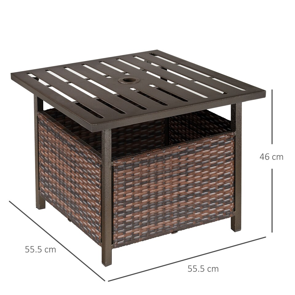 image 1 of Outsunny Rattan Garden Coffee Table, 55.5 cm Square Wicker Patio Side Coffee Table with 4 cm Umbrella Hole, Metal Bottom and Slatted Top for Outdoor, Balcony, Brown