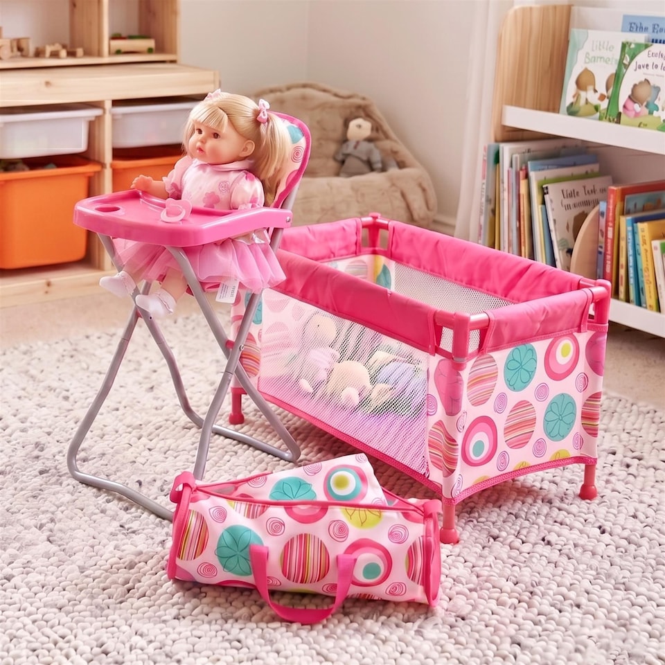 image 1 of BiBi Doll Folding Travel Nursery Set High Chair Cot Bed Pink Doll Accessories for 20 Inch Dolls