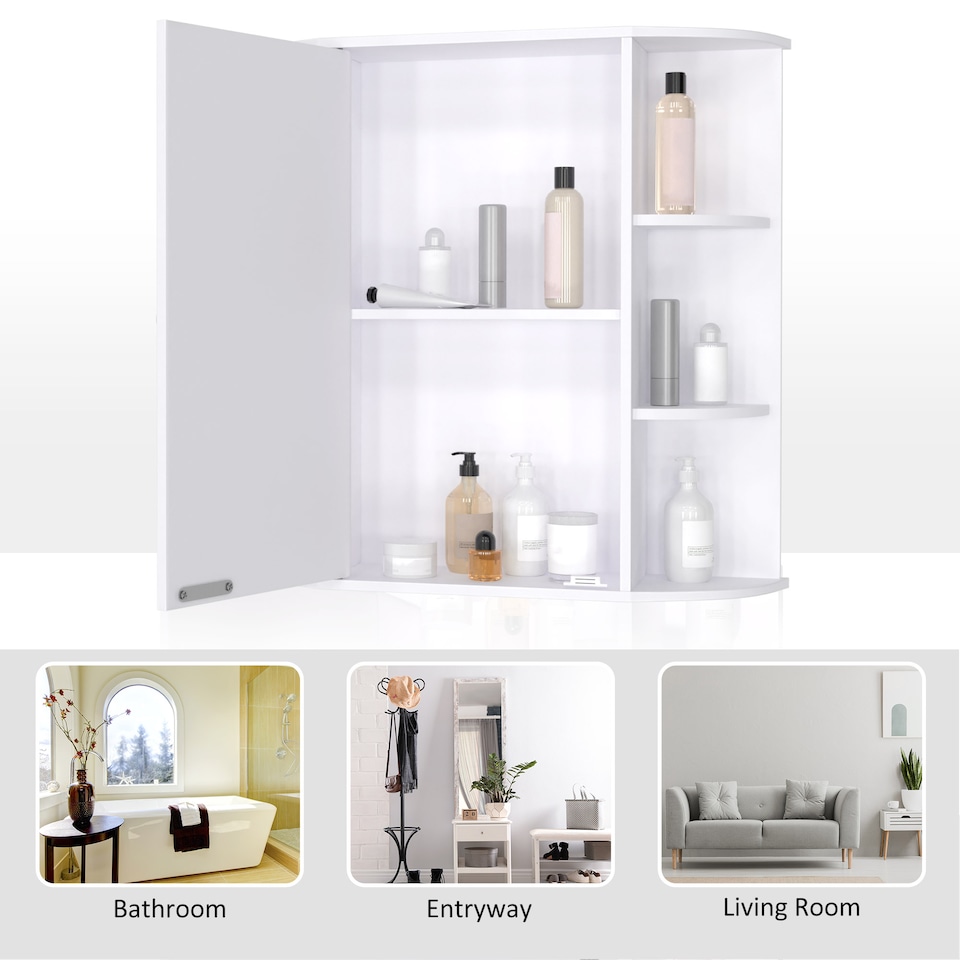 image 1 of HOMCOM Wall Mounted Bathroom Cabinet with Mirror Single Door Storage Organizer 2-tier Inner Shelves White