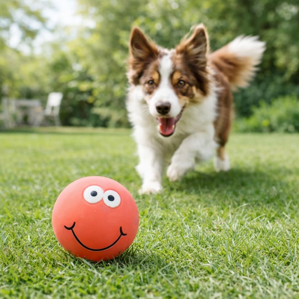 image 1 of Set of 3 Squeaky Dog Balls Latex Pet Puppy Fetch Play Chew Smiley Face Design