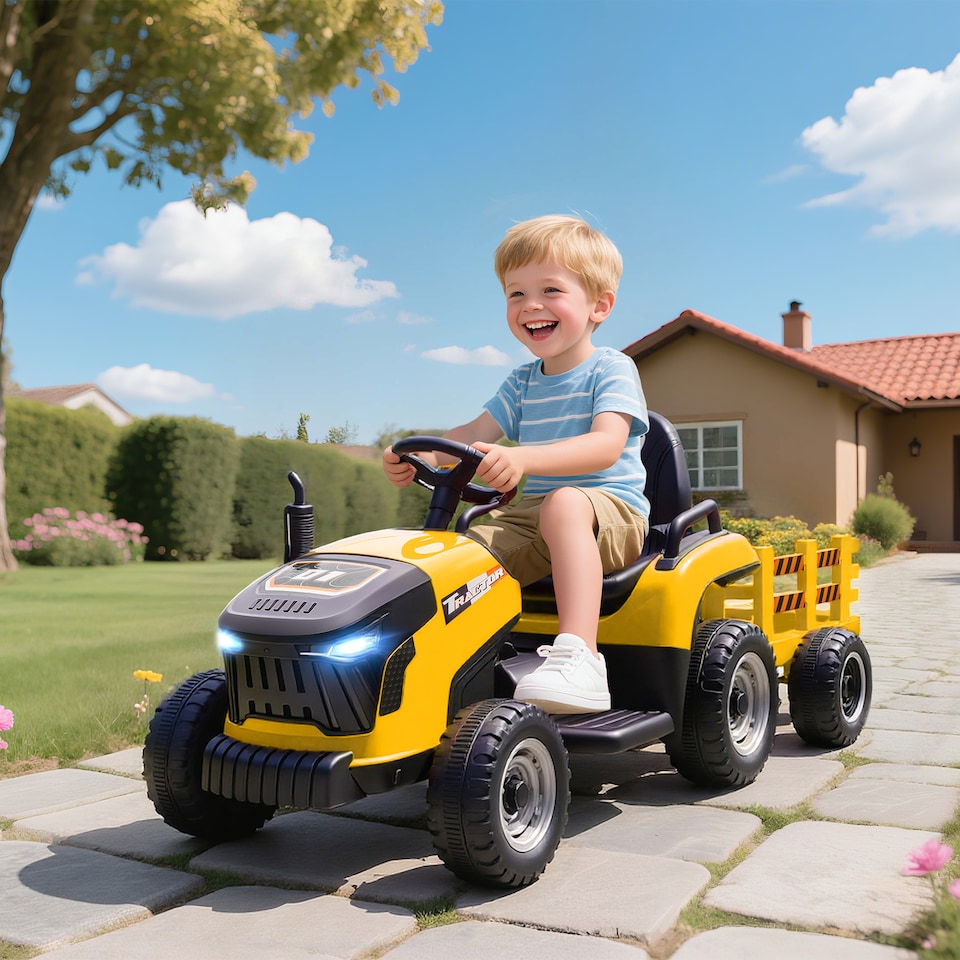 image 1 of AIYAPLAY Ride on Tractor with Trailer, 12V Electric Vehicle with Remote Control, Ride on Car for Kids with Music, Shifter, Start-Up Sound for Ages 3-8 Years | Yellow