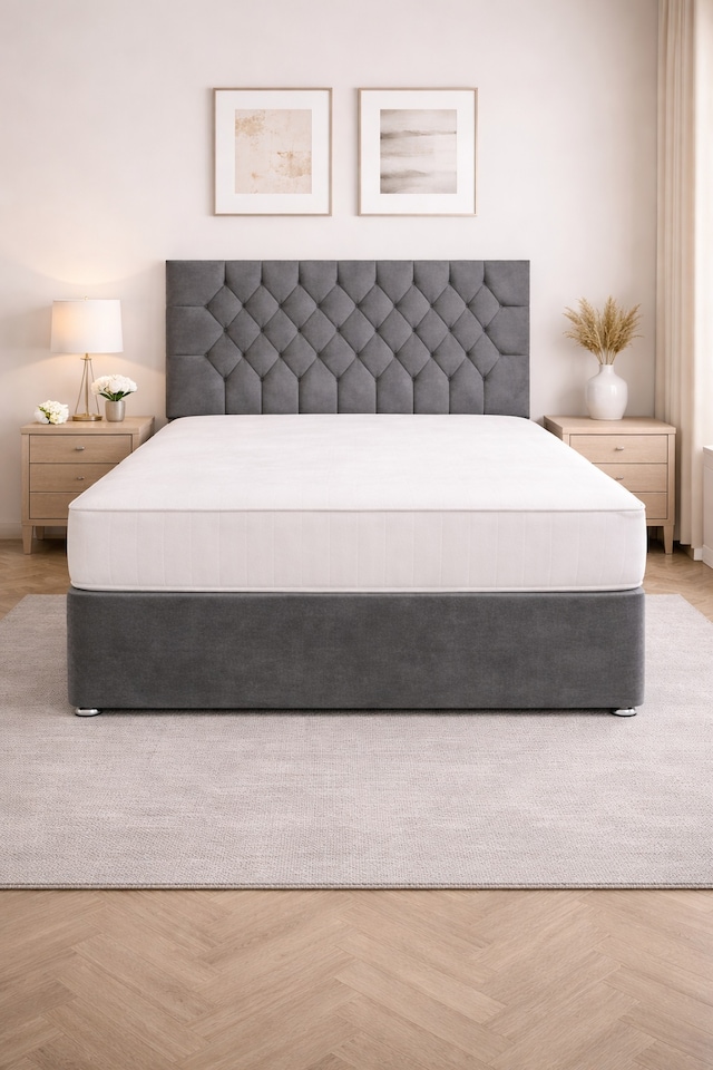 image 1 of Grey Naples 4FT Small Double Divan Bed Set with Memory Mattress and Headboard 2 Drawers Same Side