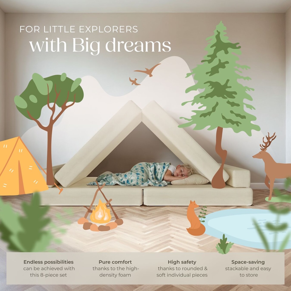 image 1 of Kids Sofa Lilly - 8-piece, flexible arrangement play sofa, thick padding, removable covers | Cream | beige | Two Seater | 1