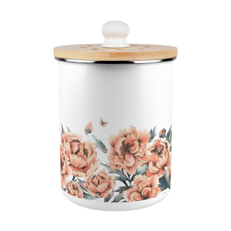image 1 of Peach Peonies Food Waste Caddy - Metal 2L Decorative Kitchen Compost Bin