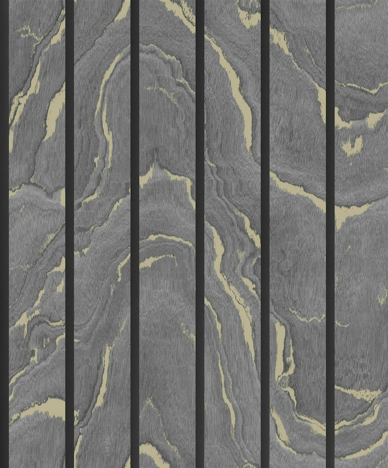 image 1 of Woodgrain Panel Charcoal & Gold Wallpaper | Grey