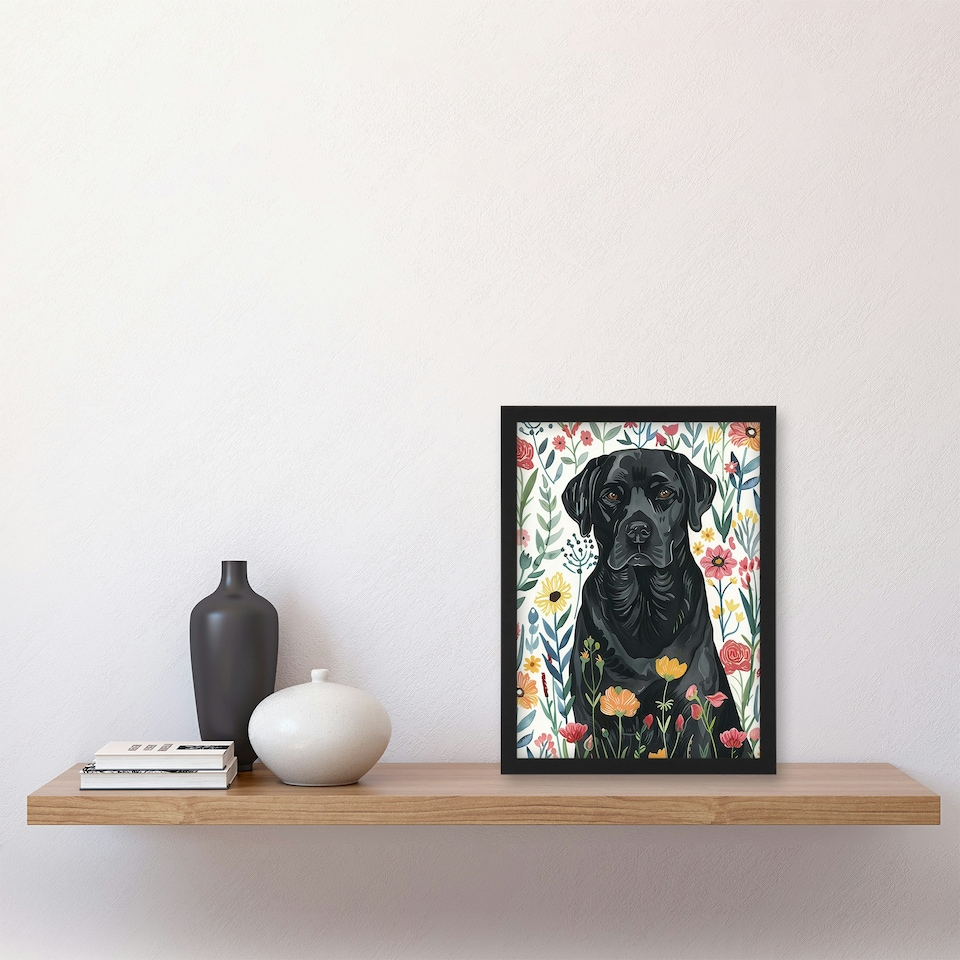 image 1 of Dog Lover Black Labrador in Wildflower Field Black Framed Wall Art Print A4