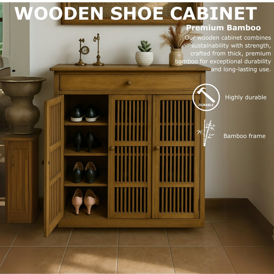 image 1 of Large 4 Tier Wooden Shoe Storage Cabinet Organiser Brown Brown | One Size