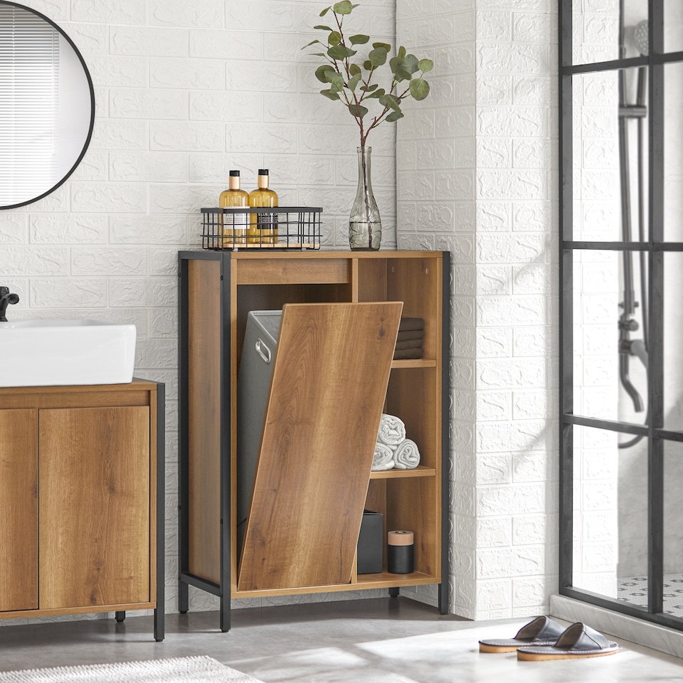 image 1 of SoBuy Slim Bathroom Storage Cabinet with Removable Laundry Basket, Light Brown, 23.6x11.8x35.4 inches, 24.1 kg - BZR65-PF