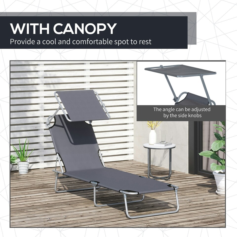 image 1 of Outsunny Folding Chair Sun Lounger Recliner Seat Sunshade Garden Outdoor Grey