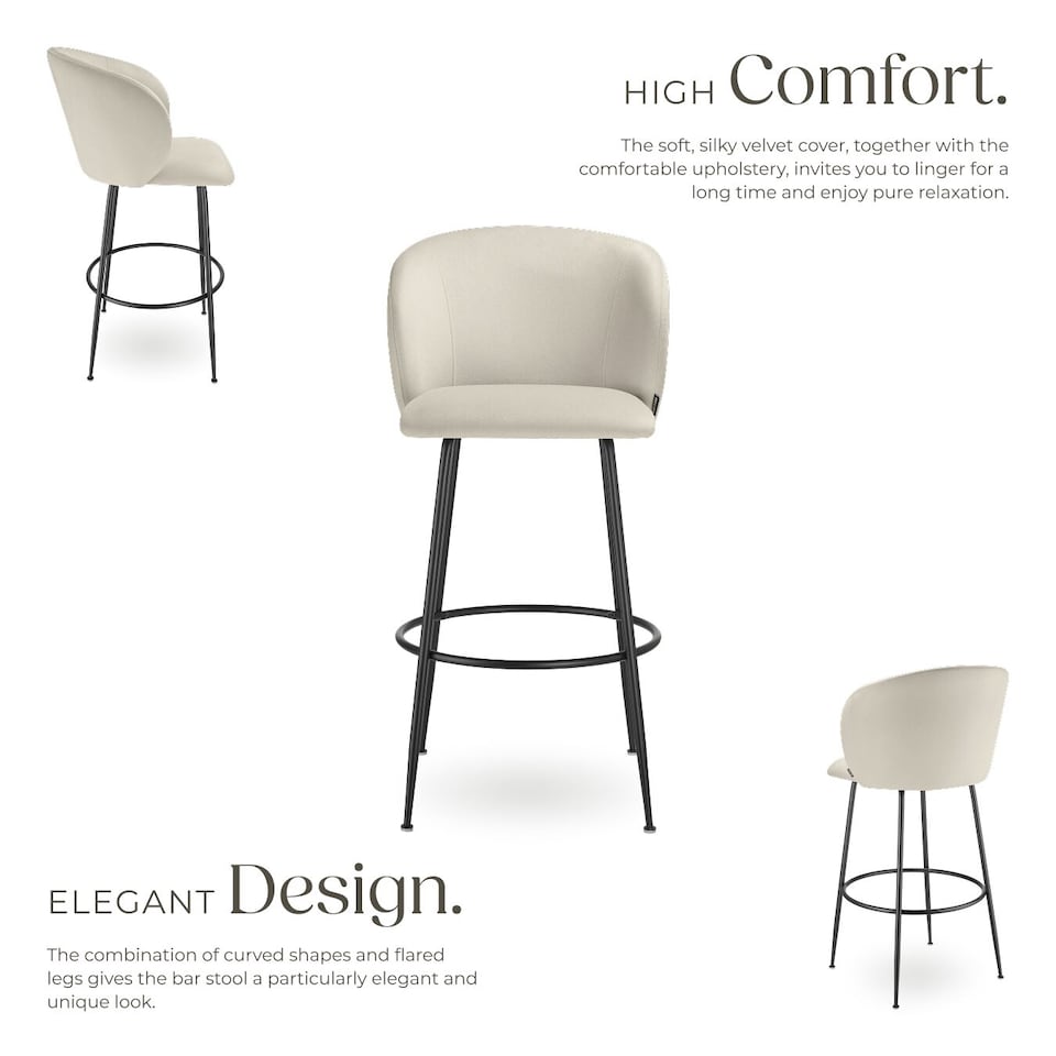 image 1 of Bar Stool Luana - with backrest, velvet look and padded | Cream | cream/black | 60 x 51 x 106 cm | 2