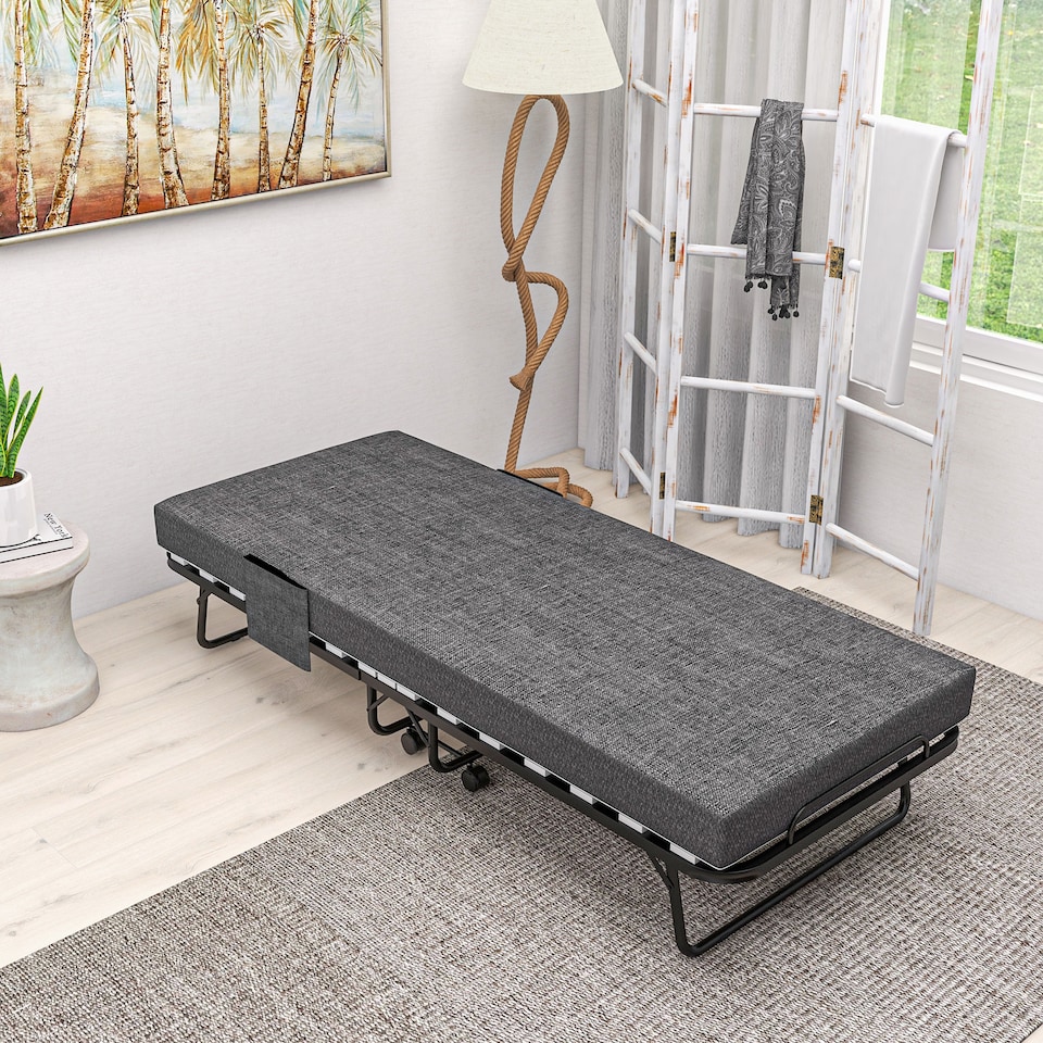 image 1 of HOMCOM Folding Bed with Mattress, Foldable Guest Bed on Wheels, Portable Single Bed with 10cm Mattress, Side Pockets, Cover, 190 x 80cm, Dark Grey