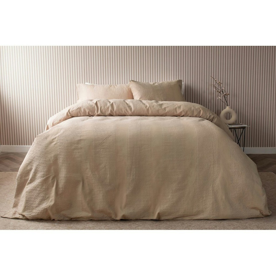 Belledorm Waffle Stripe Duvet Cover Set - Latte - Superking
