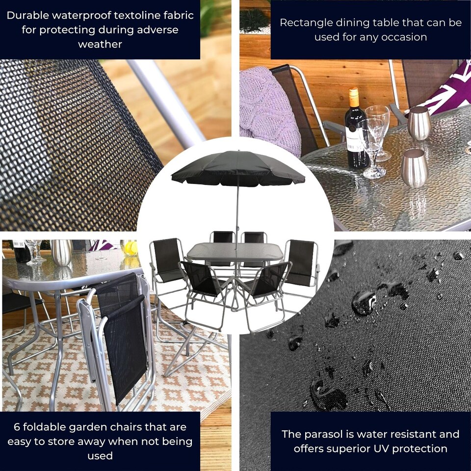 image 1 of 6 Person Garden Furniture Patio Set Table, 6 Chairs & Parasol