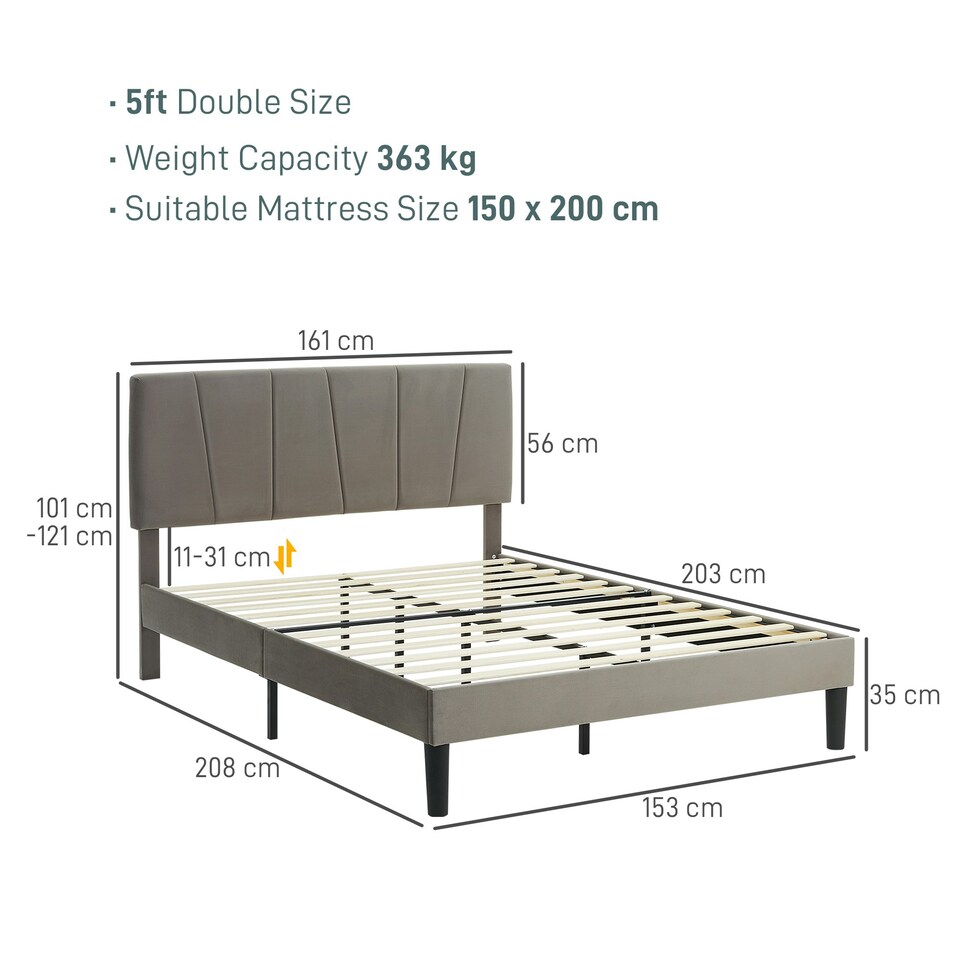 image 1 of HOMCOM King Size Bed Frame with 5-Level Adjustable Headboard Wooden Slats
