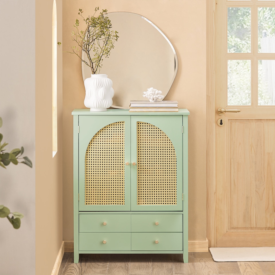 image 1 of SoBuy Sideboard Storage Cabinet with 4 Drawers & 2 Rattan Doors, Green, 27.6x13.4x35.4 inches, 26.6 kg - FSB72-GR