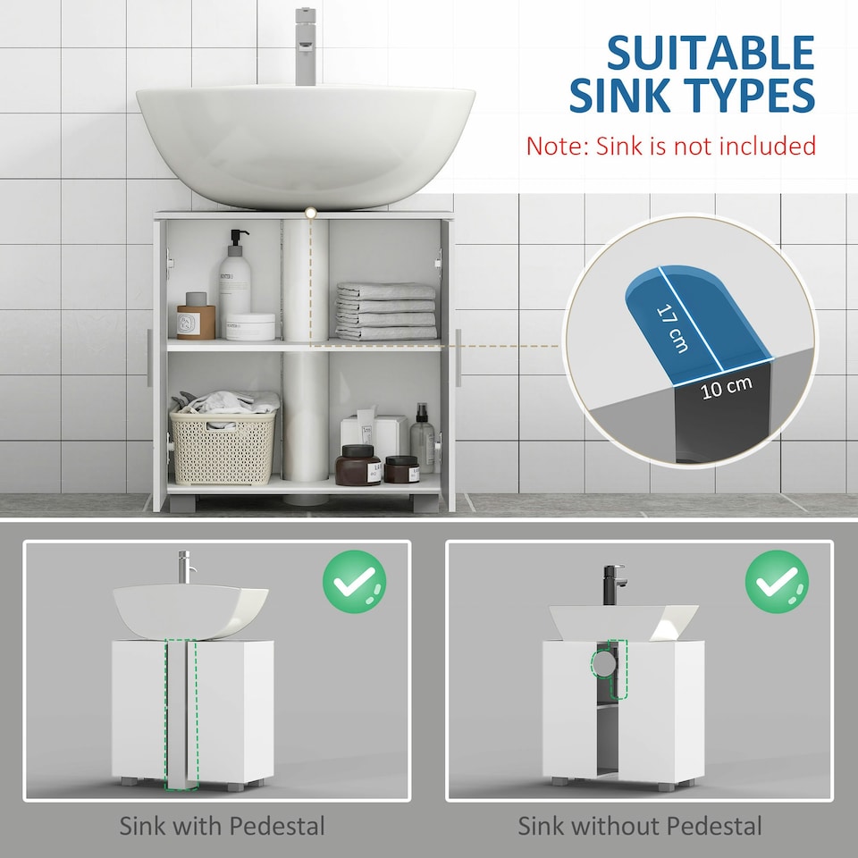 image 1 of kleankin Bathroom Pedestal Under Sink Cabinet with Adjustable Shelf, White White | White