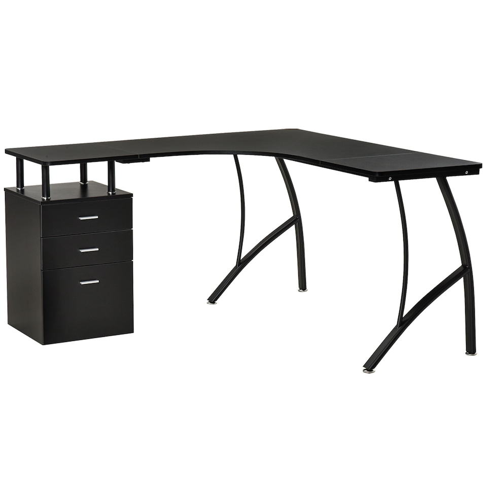 image 1 of HOMCOM L-Shaped Computer Desk Table with Storage Drawer, Home Office Desk Corner Industrial Style Workstation for A4 Files 143.5 x 143.5 x 76cm, Black