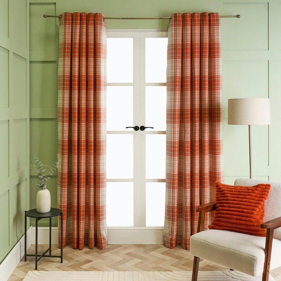 image 1 of OHS Winsford Woven Check Print Ring Top Panel Pair Blackout Eyelet Curtains, 66x54" Multi | Rust/Natural