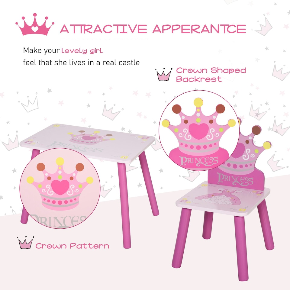 image 1 of HOMCOM 3 Pcs Kids Princess & Crown Chair Table Set Home Furniture 2-4 Yrs Pink | Multi