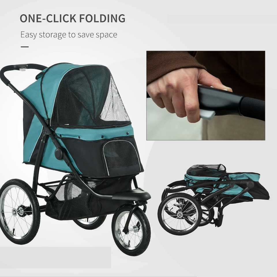 image 1 of PawHut 3 Wheel Pet Stroller, for Medium Small Dogs, Foldable Cat Pram - Green