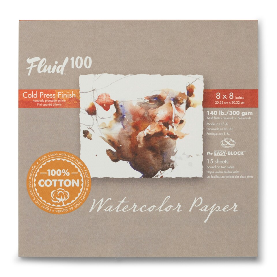 Speedball Fluid 100 Cold Press Watercolour Paper Block, White, 8 x 8inch