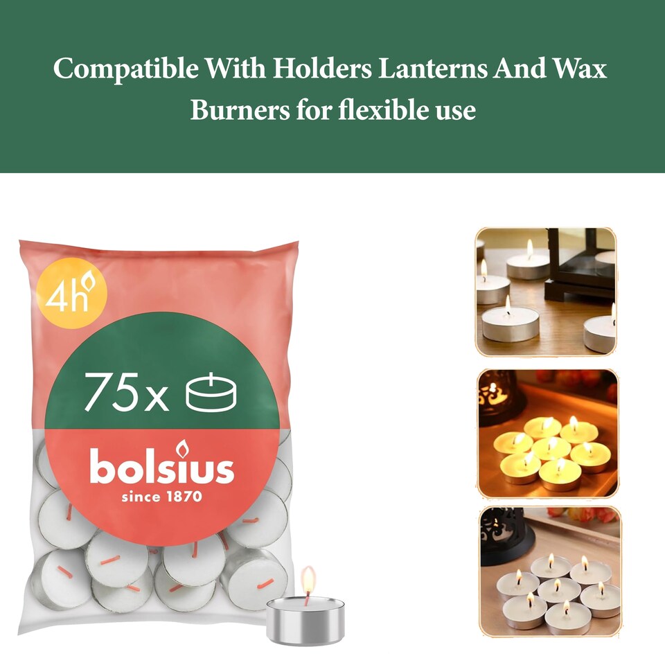 image 1 of Bolsius Tea Lights Pack of 75 White Unscented Decorative Ambient Candles