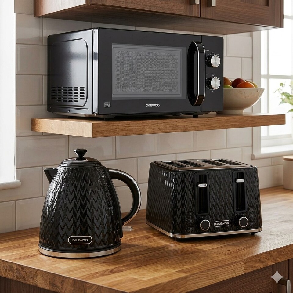 image 1 of Daewoo Argyle Kettle Toaster And Microwave Set Black