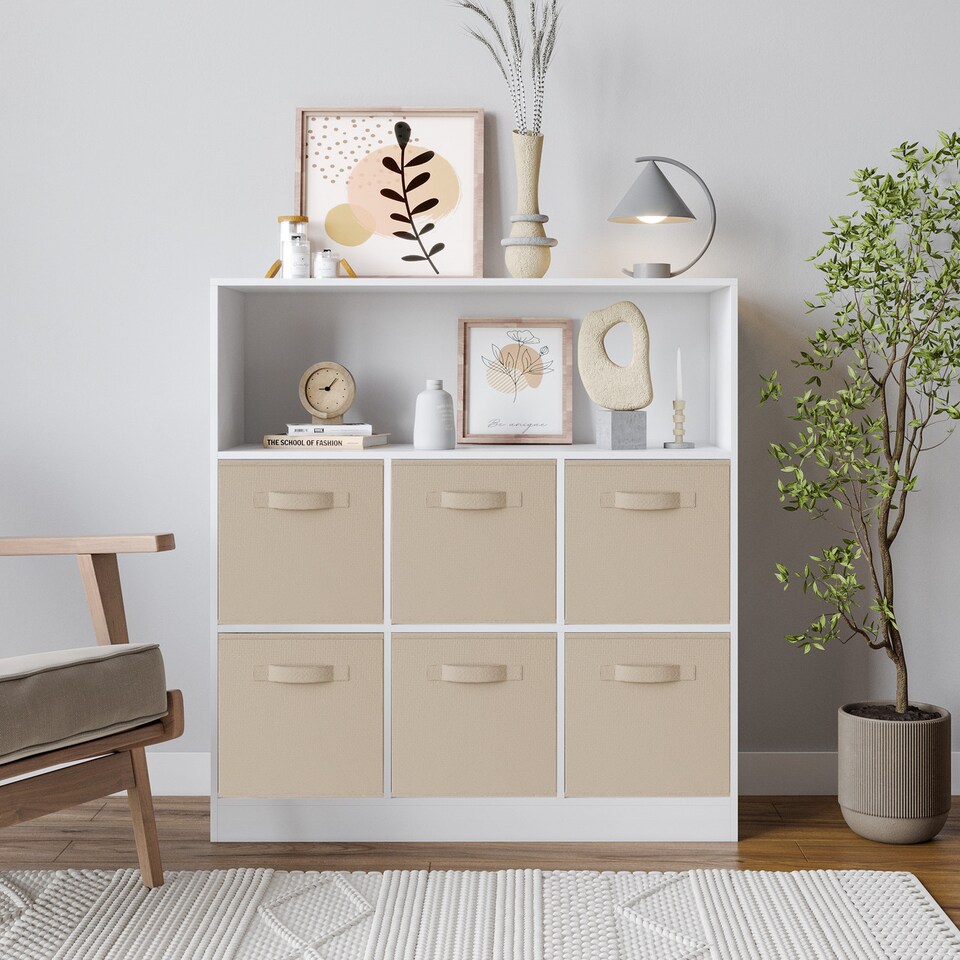 image 1 of Wide 7-Cube Bookcase With Drawers | White | White & Beige | 1
