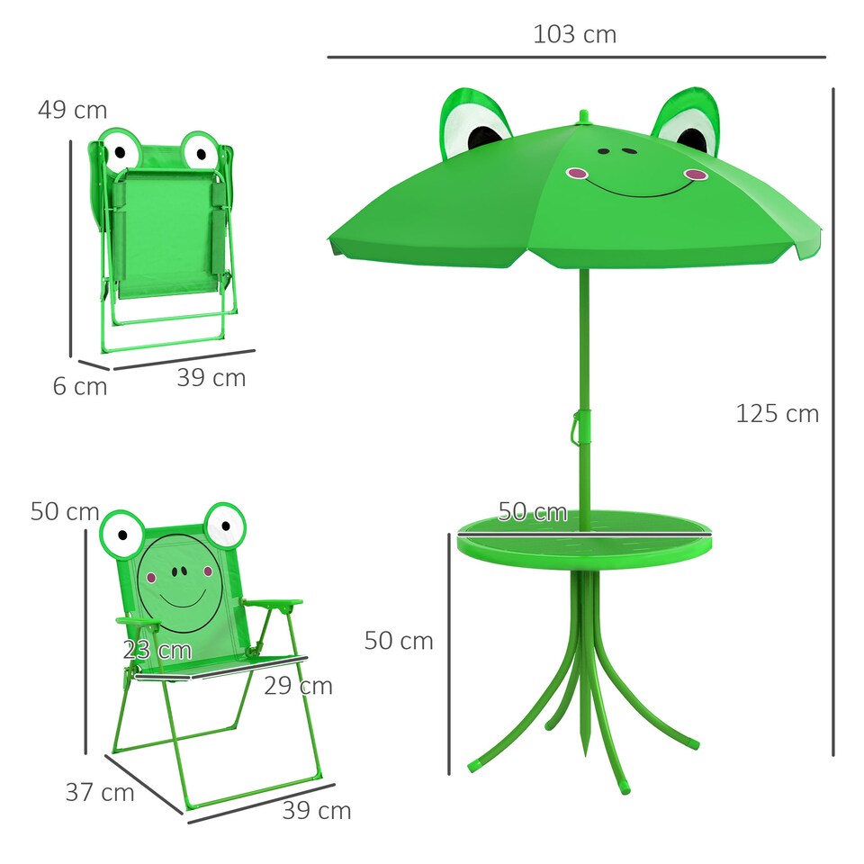 image 1 of Outsunny Foldable Patio Kids Metal Picnic Table w Frog Umbrella Green 4-piece
