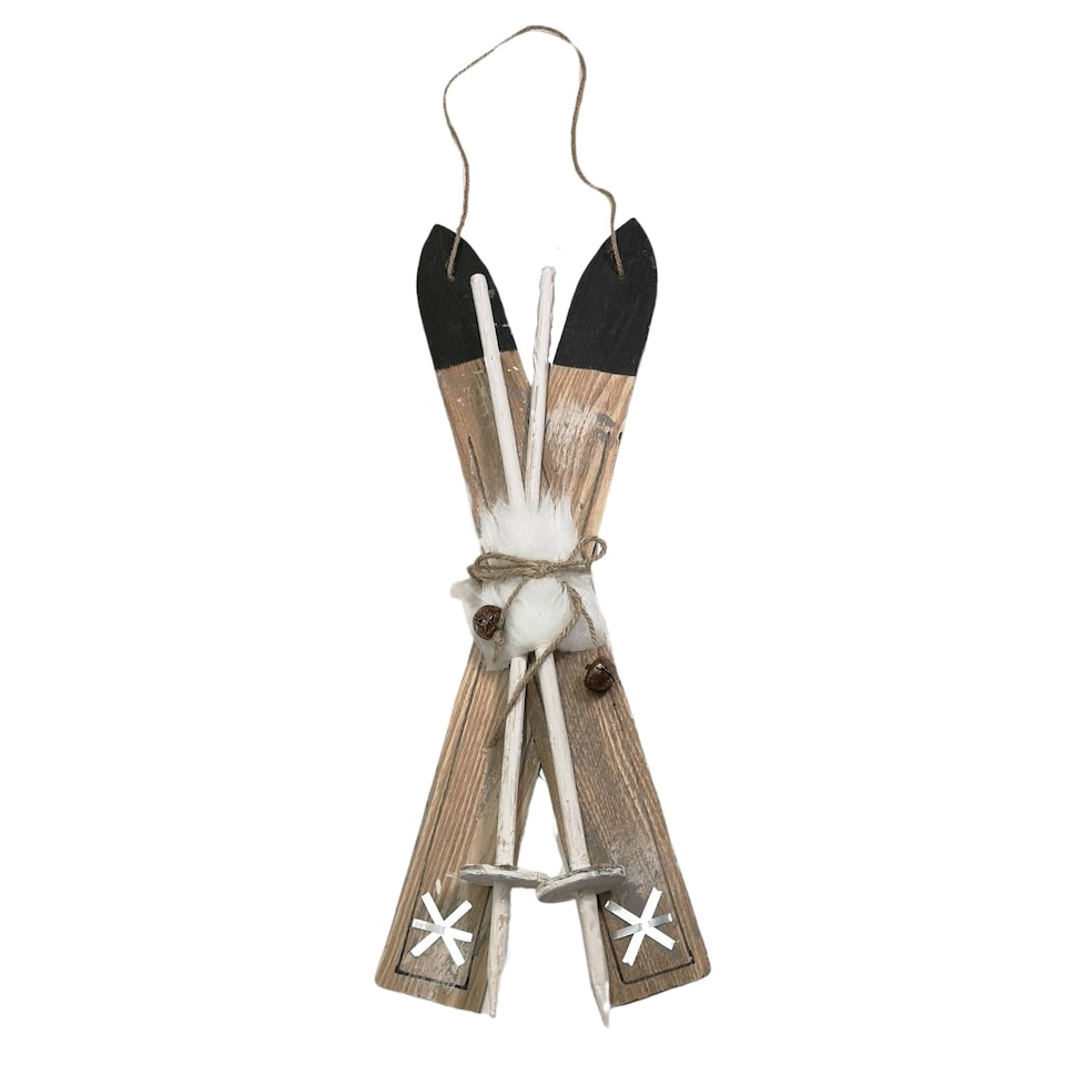 image 1 of 55cm Wooden Skis with Decorative White Fur and Silver Bells Christmas Decoration