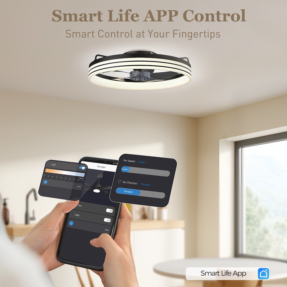 image 1 of HOMCOM Ceiling Fan with Light and & App Control, 6 Speed, 50 cm | Black | Black, Transparent, Smoky Grey | 50 x 50 x 13.8 cm