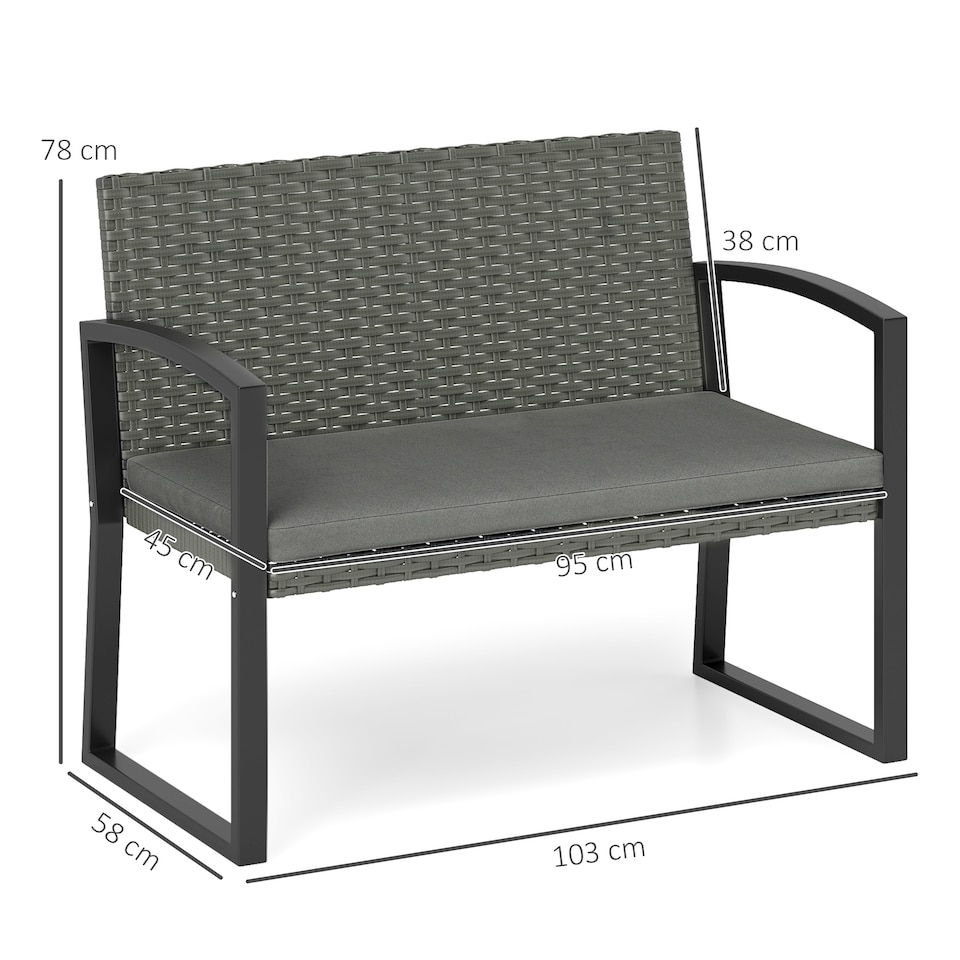 image 1 of Outsunny 2 Seater Rattan Garden Bench with Cushion, Steel Frame, Light Grey
