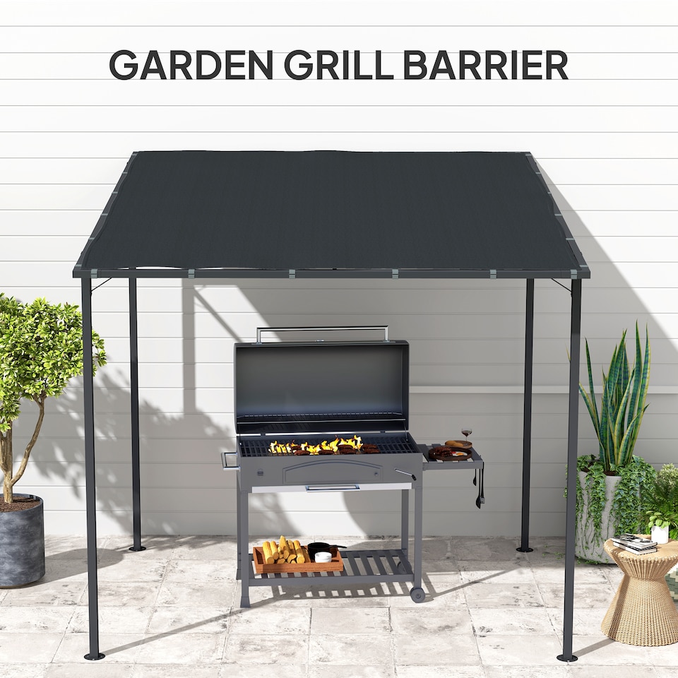 image 1 of Outsunny Wall Mounted Pergola Gazebo with PA Coating Fabric and Metal Frame, Lean to Garden Gazebo, Wind Resistant Outdoor Sun Shade Shelter for Garden, Deck | Grey | Dark Grey | 238L x 238W x 235H cm