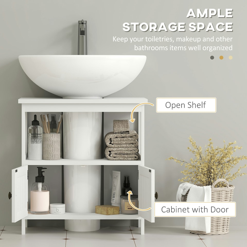 image 1 of kleankin Bathroom Pedestal Under Sink Cabinet with Storage Shelves, Door, White White | White