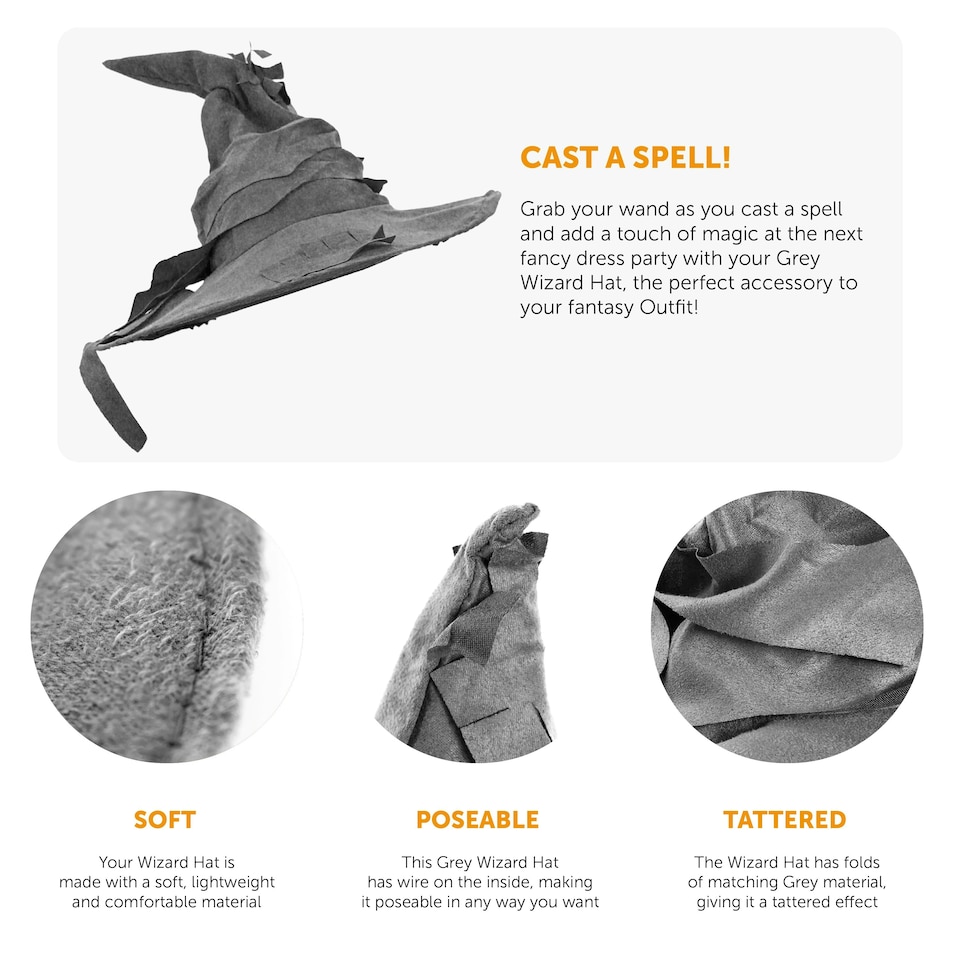 image 1 of Grey Wizard Hat – Classic Fancy Dress Accessory Grey | One Size