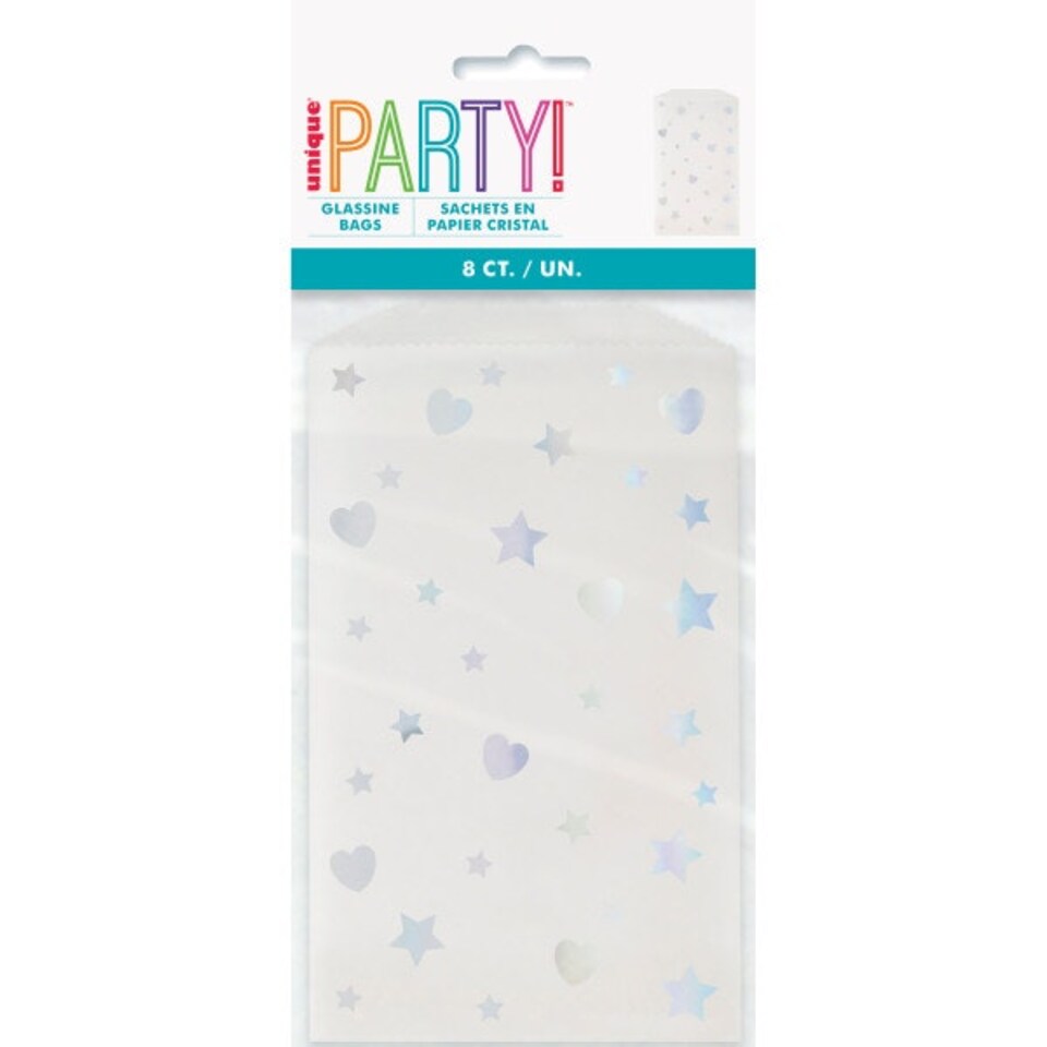 image 1 of Pack of 8 Iridescent Hearts and Stars Glassine Treat Bags