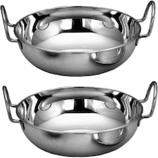 Set of 2 Stainless Steel 18cm Kadai - Food Table Deep Serving Bowls with Handle