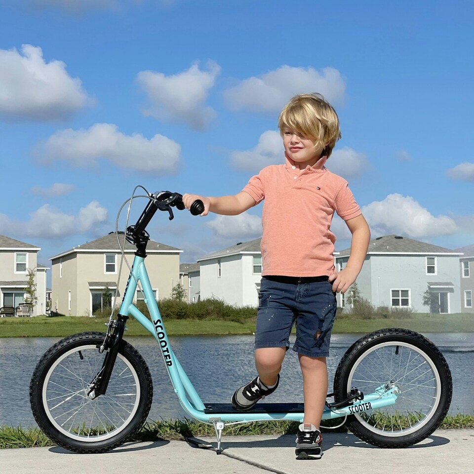 image 1 of HOMCOM 90-96cm Kids Kick Scooter w/ Adjustable Handlebar Inflatable Wheels Blue