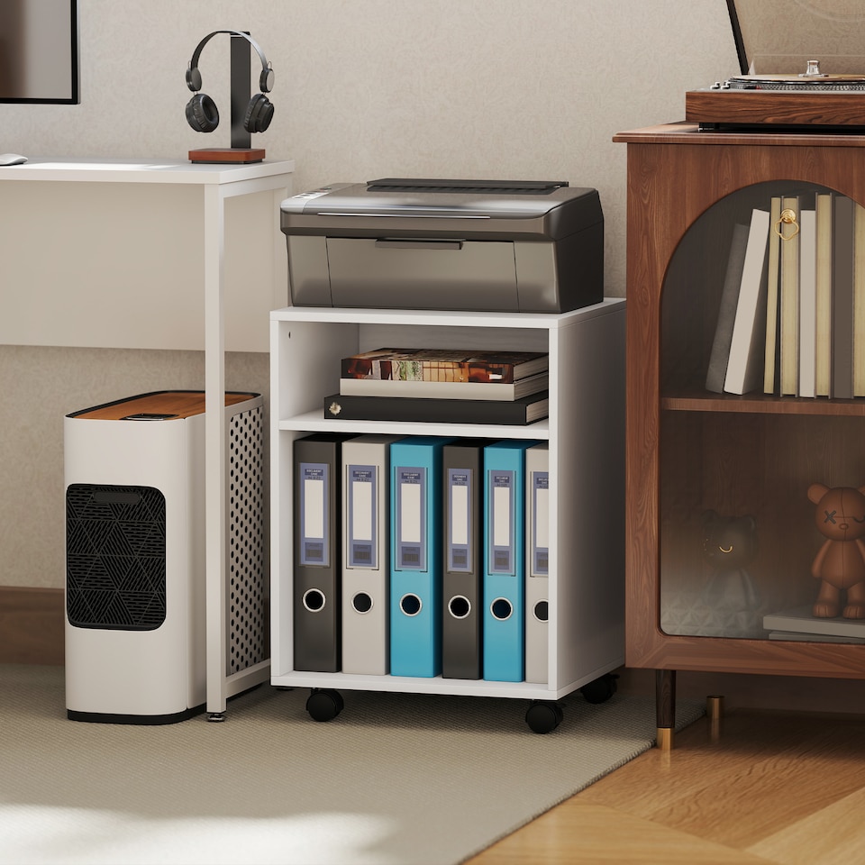 image 1 of HOMCOM 2-Tier Printer Stand with Storage and Wheels, White | White | White | 40W x 35D x 55.5H cm