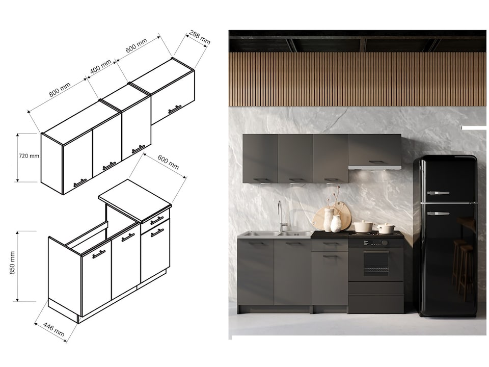 image 1 of Kitchenette Small Kitchen Cabinets 5 Units Complete Set 180cm Black Grey Fitted Kitchen Package with Worktop Lina
