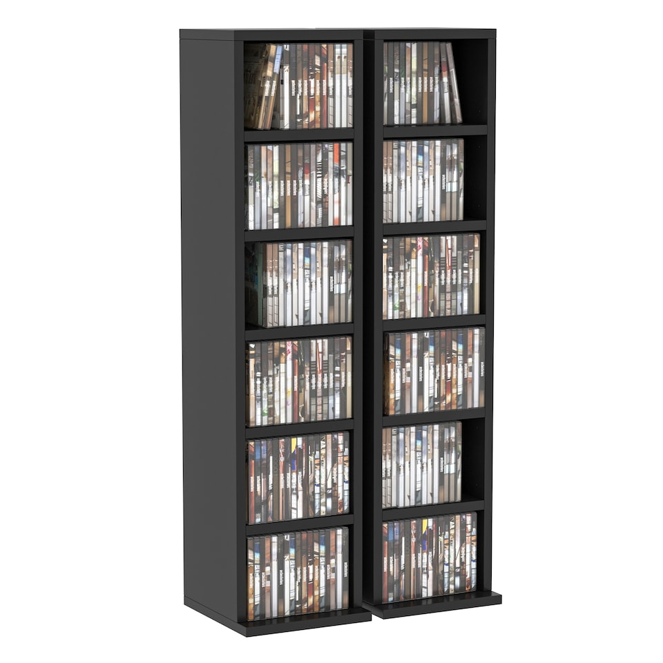 image 1 of HOMCOM 204 CD Media Display Shelf Unit Set of 2 Blu-Ray Tower Rack w Adjustable Shelves Bookcase Storage Organiser, Black