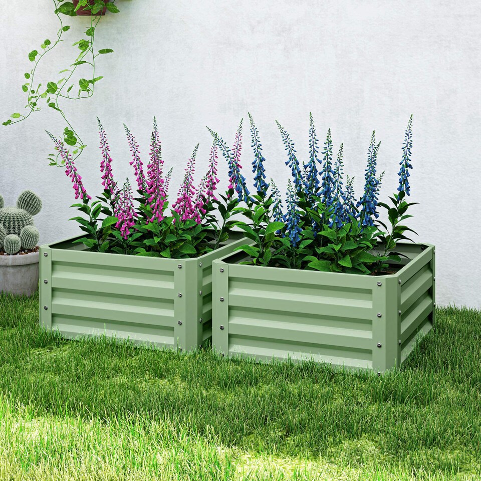 image 1 of Outsunny Set of 2 Raised Garden Bed Galvanised Planter Box, Light Green | Green