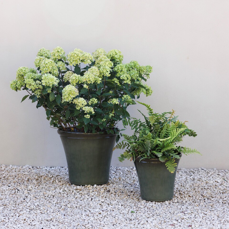 image 1 of Glazed Green Ceramic Look Tapered Outdoor Garden Planter 35cm | Green | Green | Small H30.5 x Ø35 cm