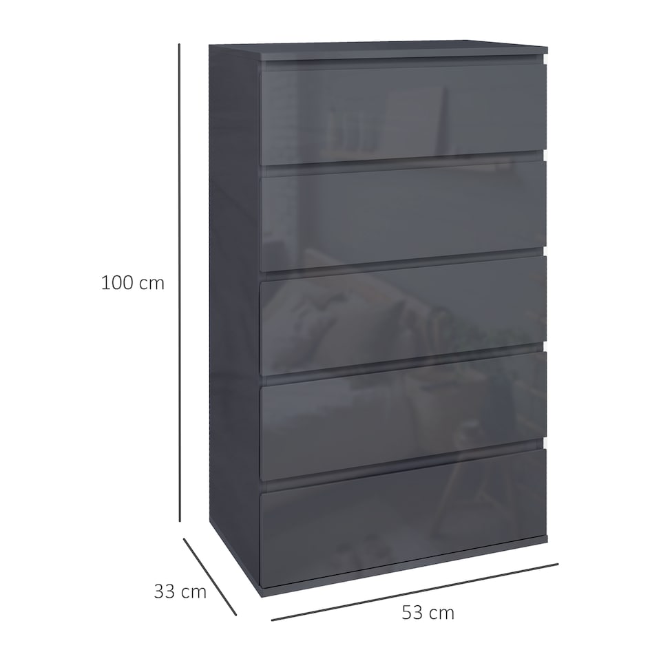 image 1 of HOMCOM High Gloss Chest of Drawers, Modern 5 Drawer Dresser with Soft Closing Mechanism for Bedroom, Grey