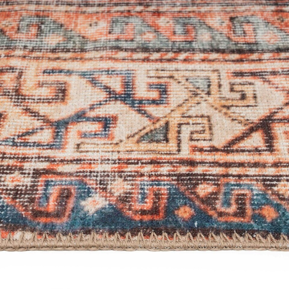 image 1 of KUKOON Terracotta Blue Distressed Persian Style Non Slip Washable Low Pile Rug 60cm x 110cm