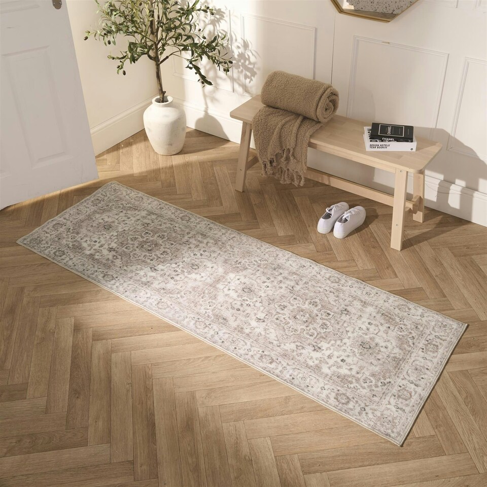 image 1 of OHS Vintage Print Washable Indoor Carpet Floor Rug Runner, 66x200cm - Natural Yellow | Natural | 66x200cm