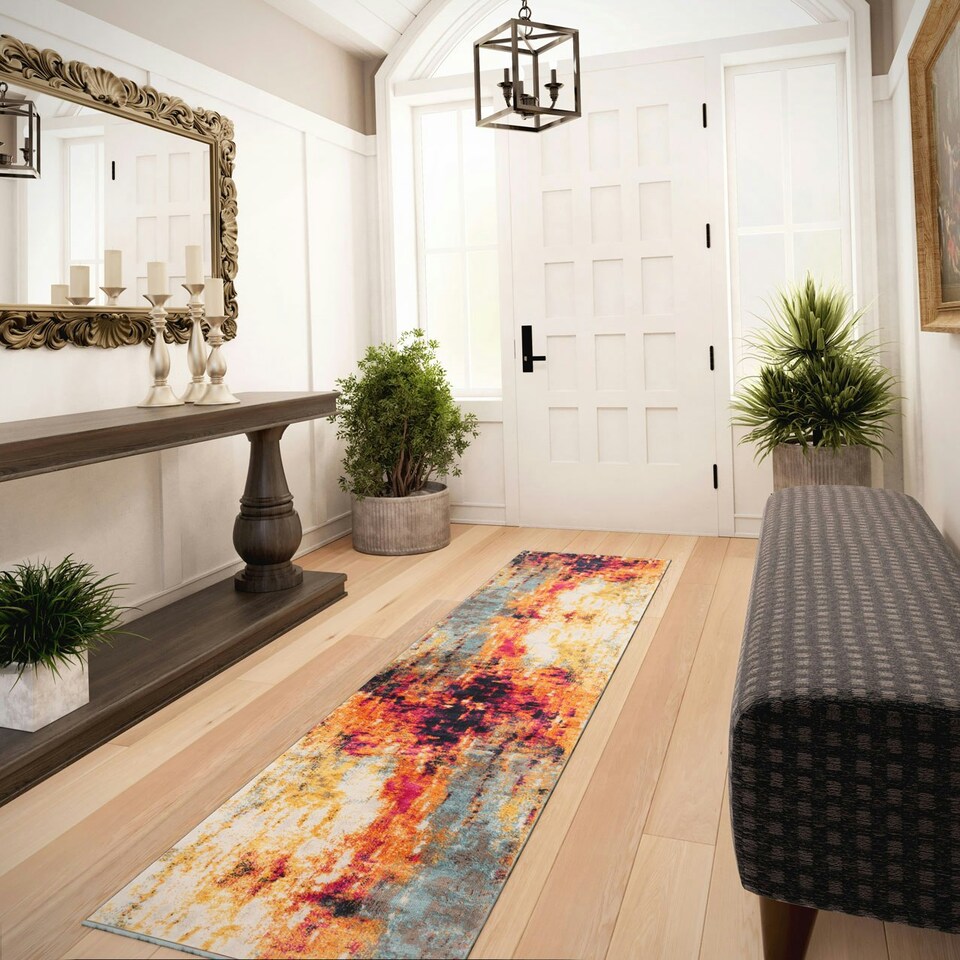 image 1 of KUKOON Bright Multicolour Distressed Abstract Runner Rug 60cm x 240cm Multi