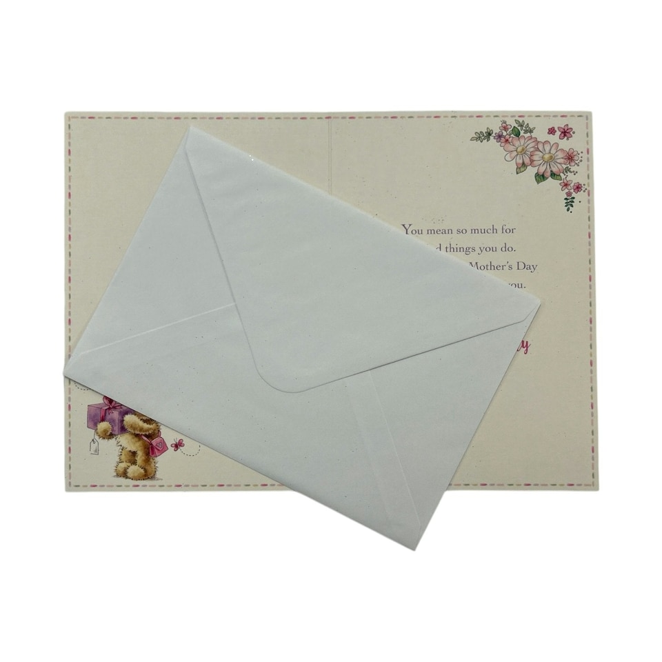image 1 of Teddy Wearing Flower and Holding Gift Mother's Day Card